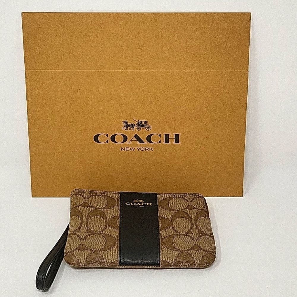 Coach F58035 Signature PVC Leather Corner Zip Wristlet - Brown